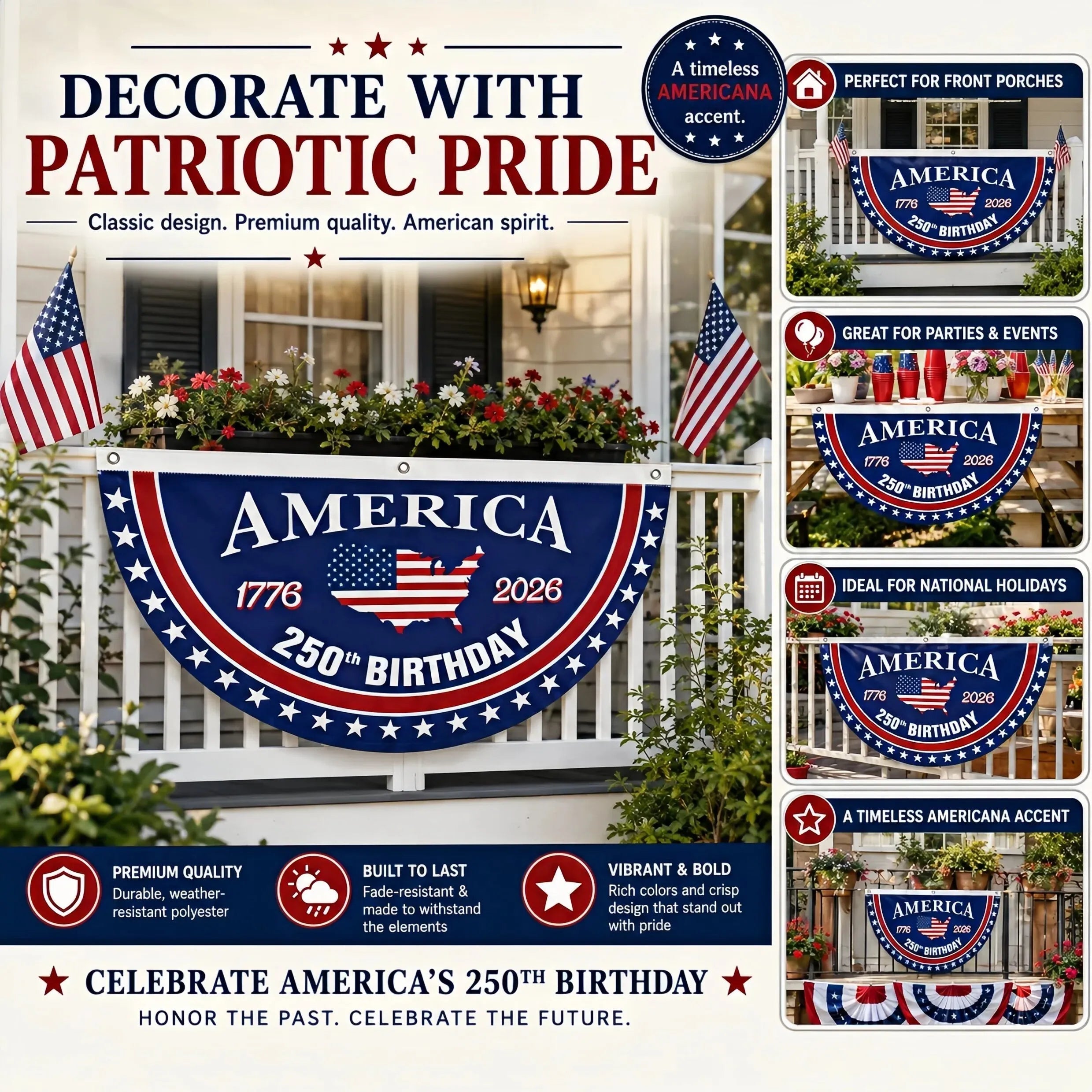 🗽USA 250th Anniversary Patriotic Fan Flag – Half-Round Porch Banner for 2026 Celebration🦅