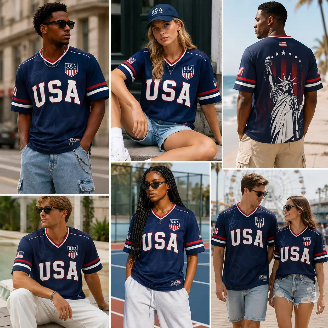 🇺🇸 USA Liberty Soccer Jersey – Patriotic American Flag V-Neck Football Shirt | Red White Blue Statue of Liberty Fan Jersey for Men & Women