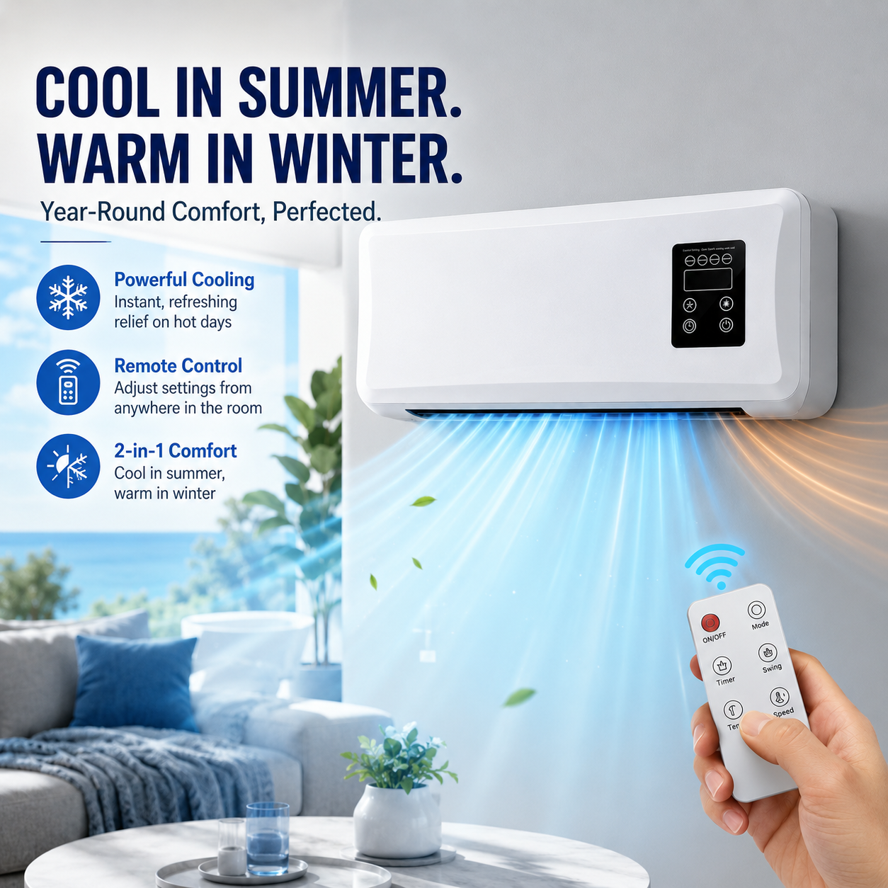 2-in-1 Wall Mounted Air Cooler & Heater with Remote Control