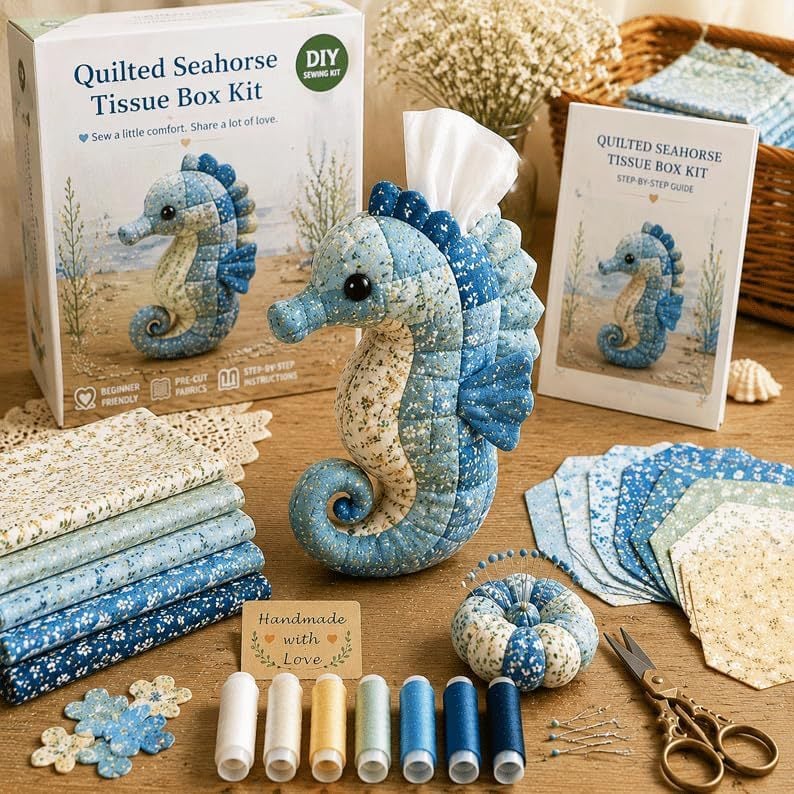 ✨Beginner-Friendly🧵Quilted sea Animal Tissue Box DIY Kit💖