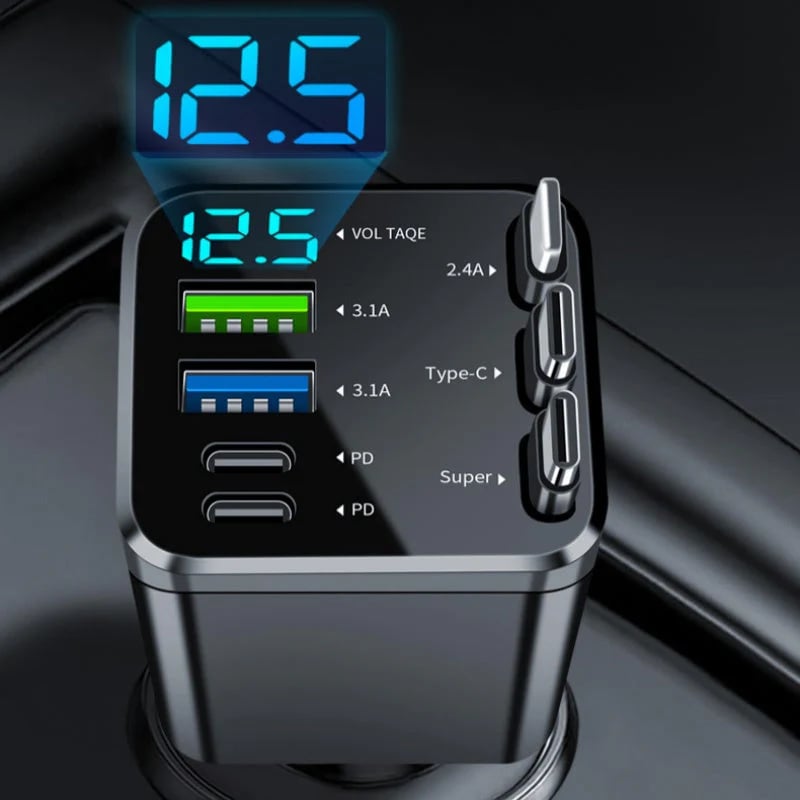 🔋 🚗 7-in-1 Retractable Fast Car Charger with Voltage Display – USB-C, Fast Charging & Essential for Daily Use 📱