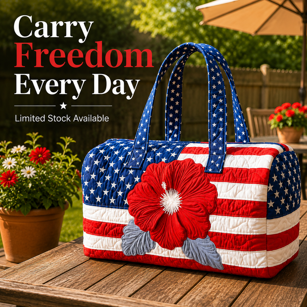 Patriotic Quilted Tote Bag | 3D Floral American Flag Travel Duffel
