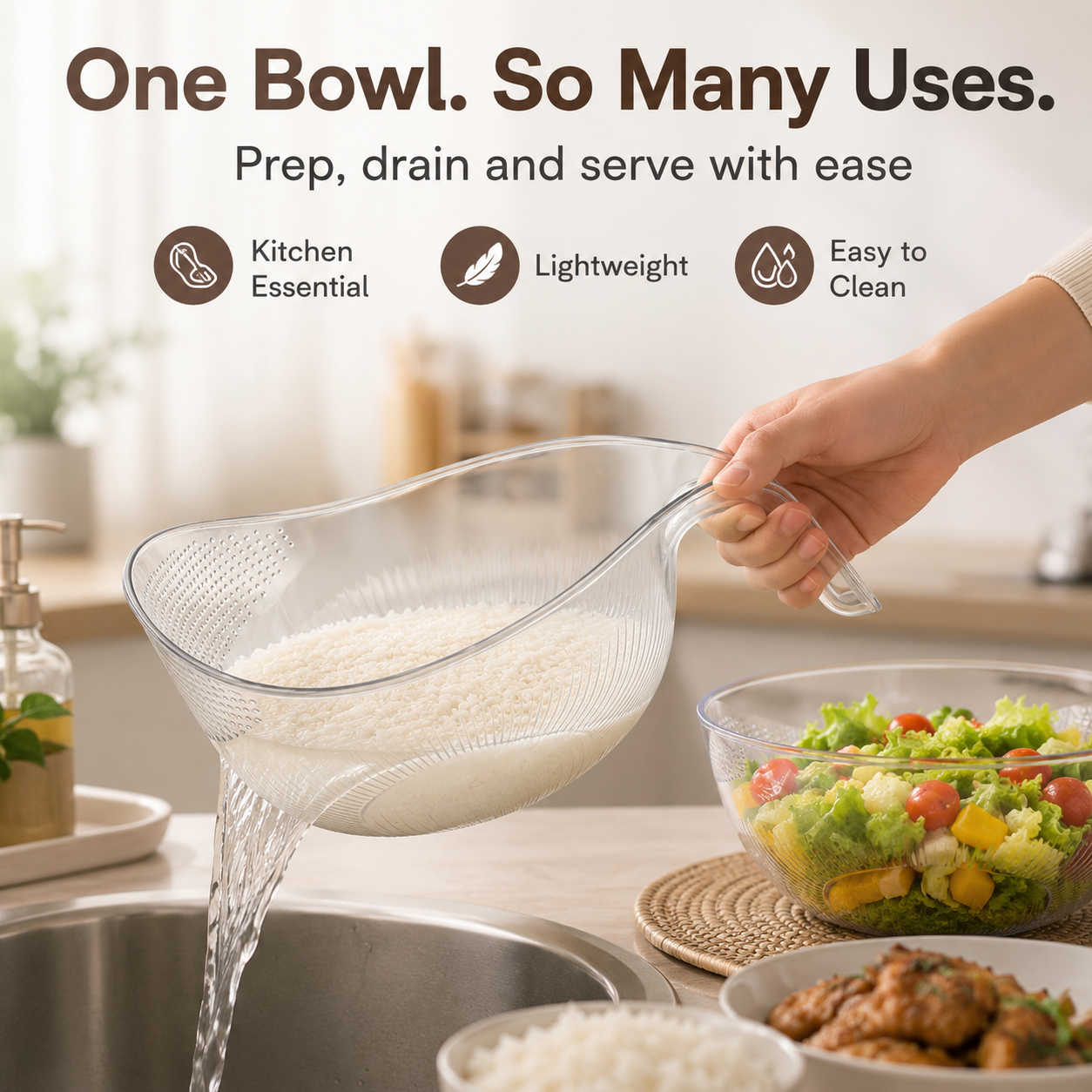 Multipurpose Rice Strainer Bowl – Easy Drain Kitchen Washing Bowl for Rice, Fruits & Vegetables