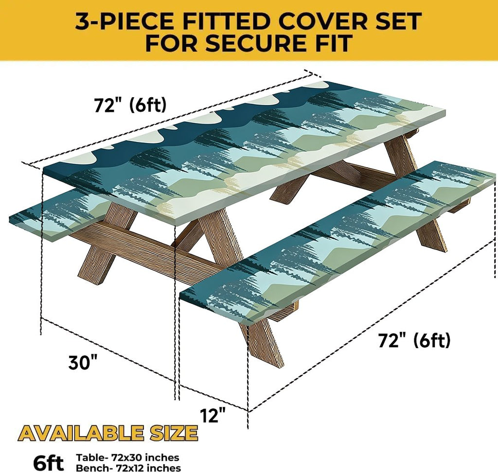 Stretch Tablecloth with Bench Covers & Carrying Bag - Waterproof Polyester Picnic Table Cover Set for Outdoor Patio Furniture