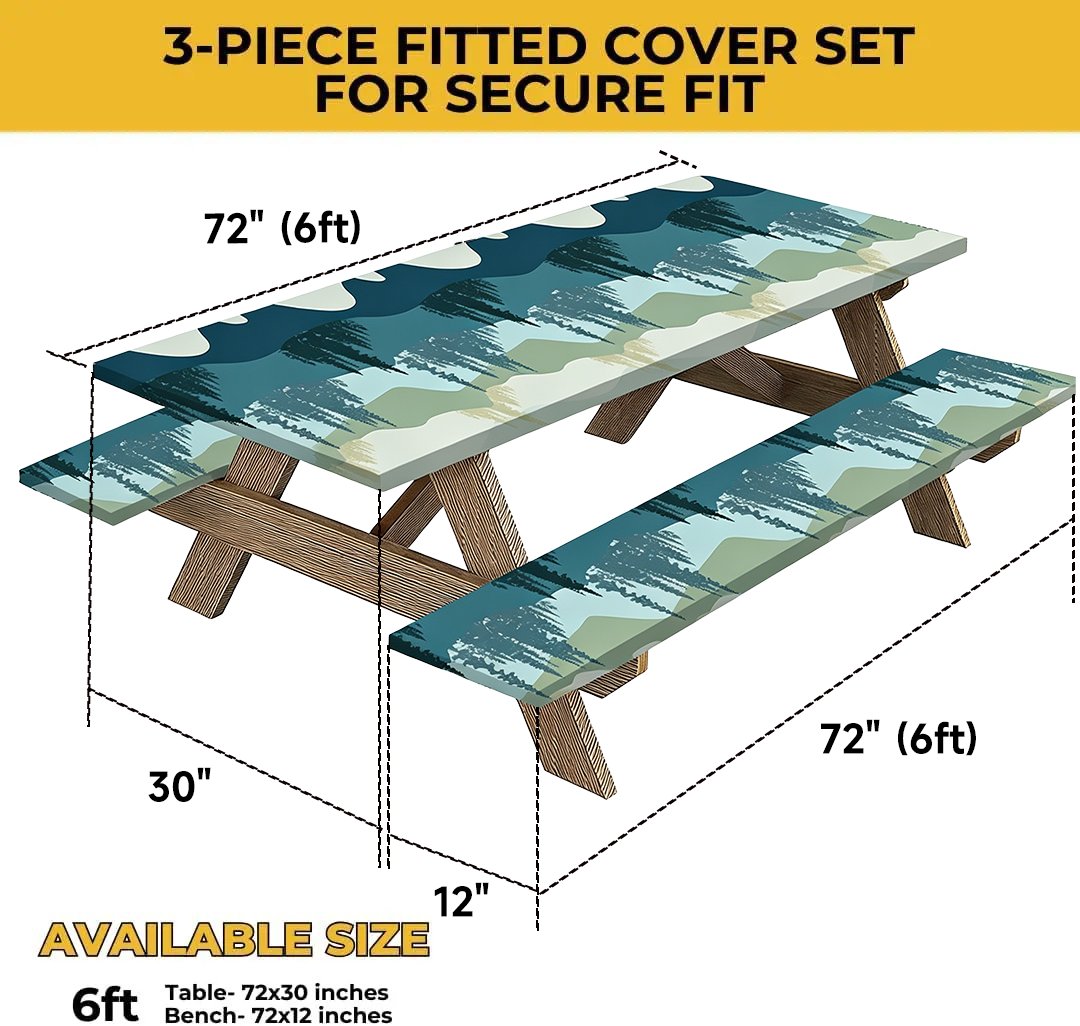 Stretch Tablecloth with Bench Covers & Carrying Bag - Waterproof Polyester Picnic Table Cover Set for Outdoor Patio Furniture