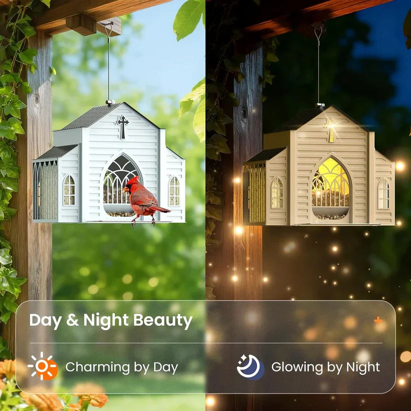 Church-Shaped Metal Bird Feeder with Solar Light