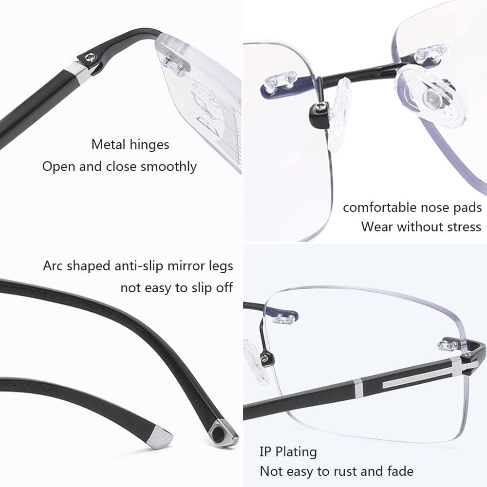 Diamond Edge Frameless Glasses – Blue Light Blocking Clear Readers for Men & Women. Lightweight Metal Temple Decor, Ideal for Gaming, Office, or Street Style.