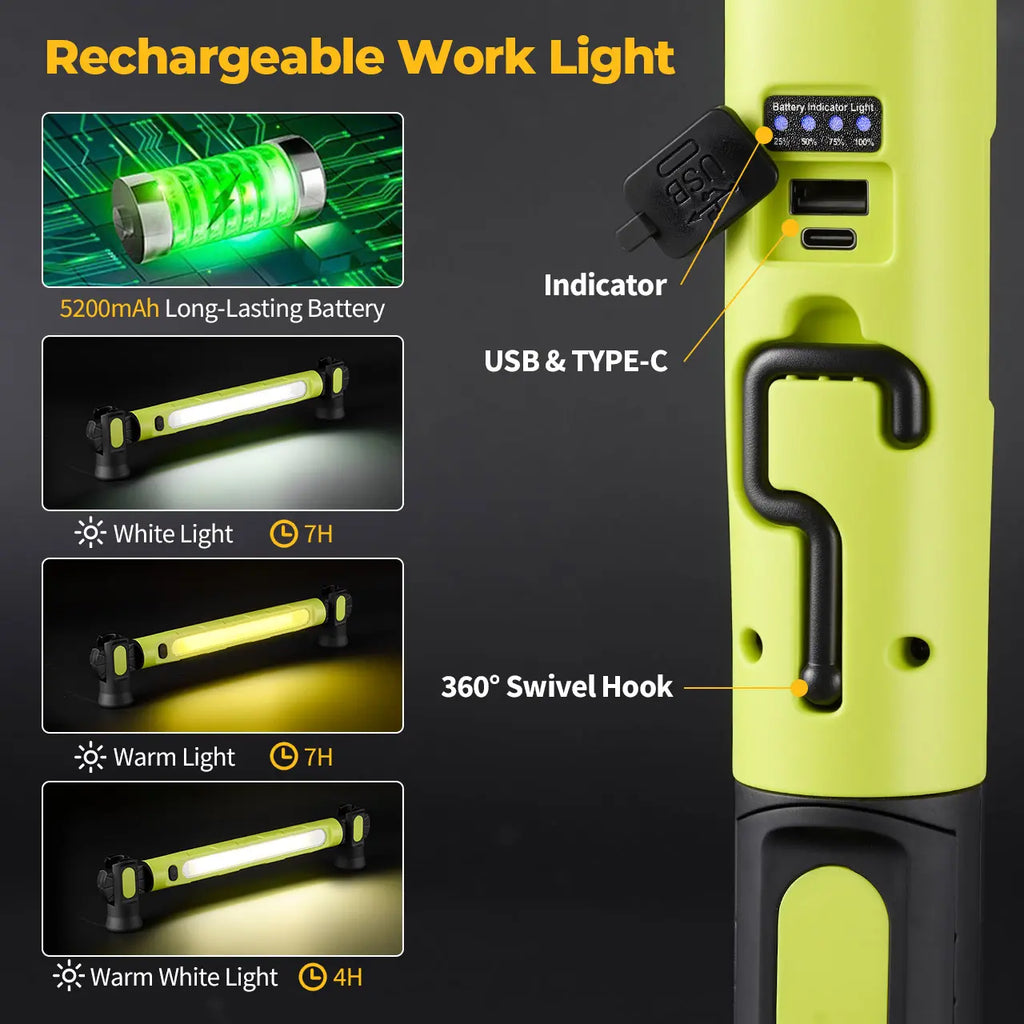 [Father's Day Gift] 5200mAh LED magnetic rechargeable light strip, 3000 lumens, with hook, ideal for mechanics, auto repair, and garage use.