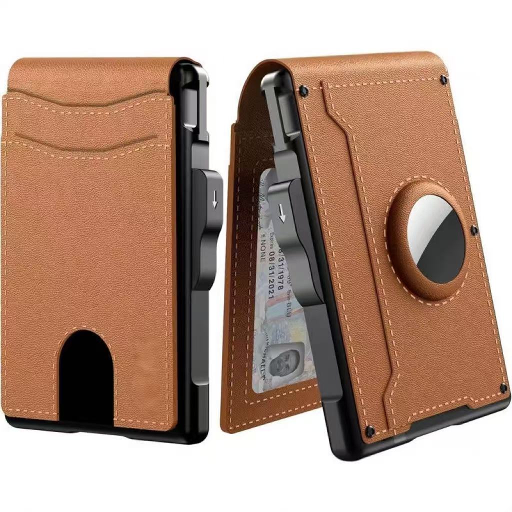 AirTag Wallet for Men - with Pop Up Aluminum Case Money Clip Slim Leather Slots Credit Card Holder RFID Blocking Bifold Minimalist Wallet
