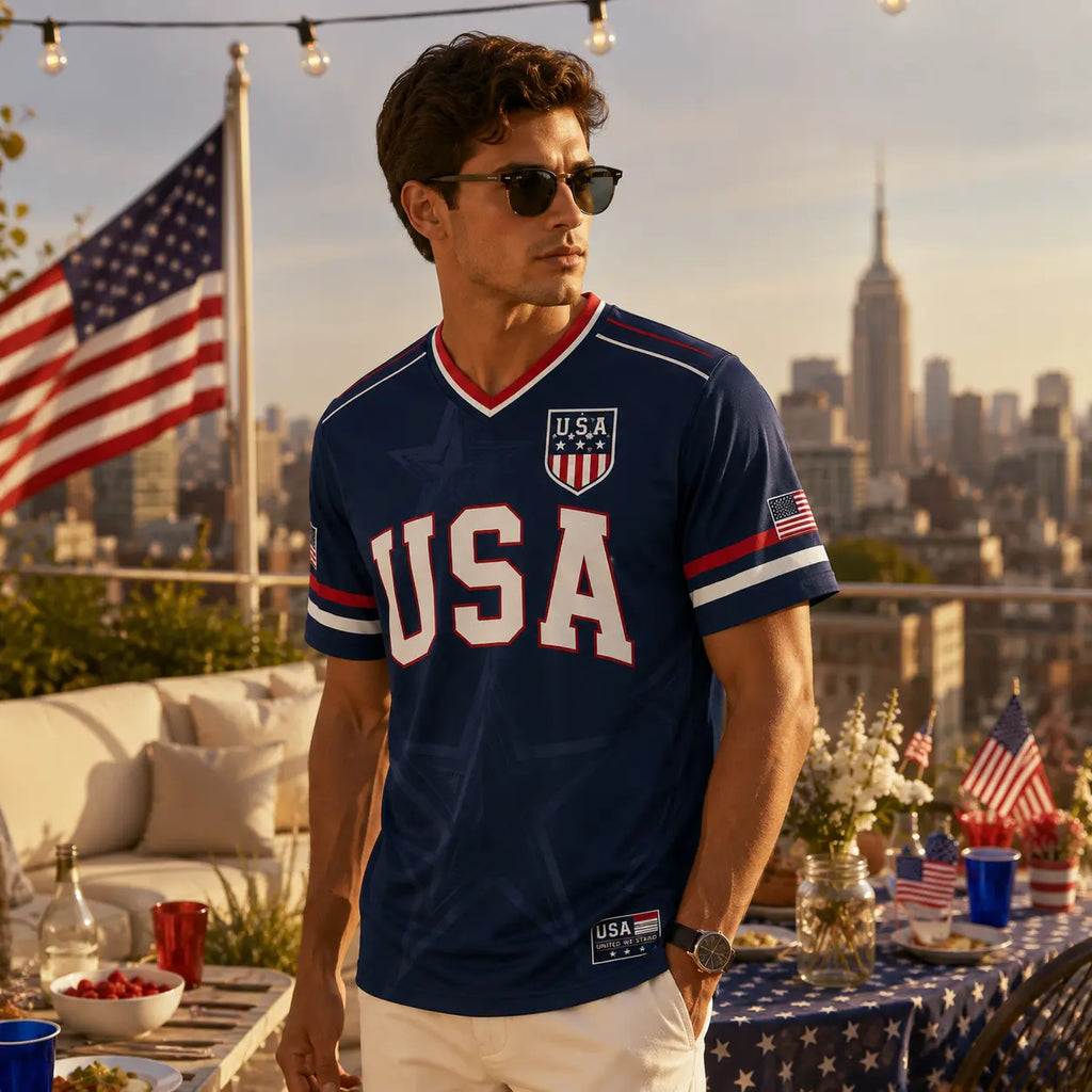 🇺🇸 USA Liberty Soccer Jersey – Patriotic American Flag V-Neck Football Shirt | Red White Blue Statue of Liberty Fan Jersey for Men & Women