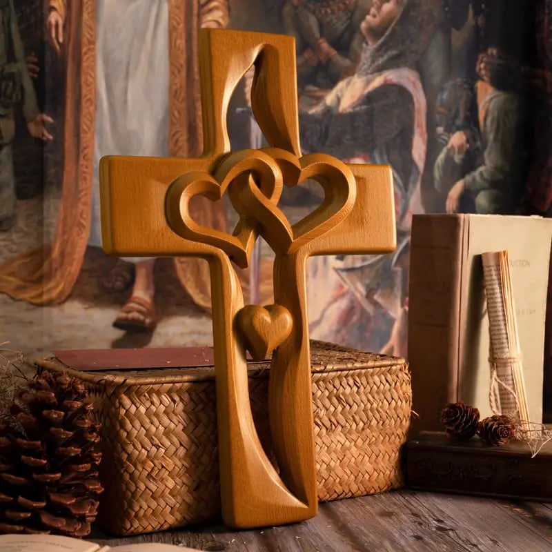 🔥 Last Day 49% OFF – Intertwined Hearts Hand-Carved Wooden Cross ❤️ Perfect Wedding & Anniversary Gift ✝️💞