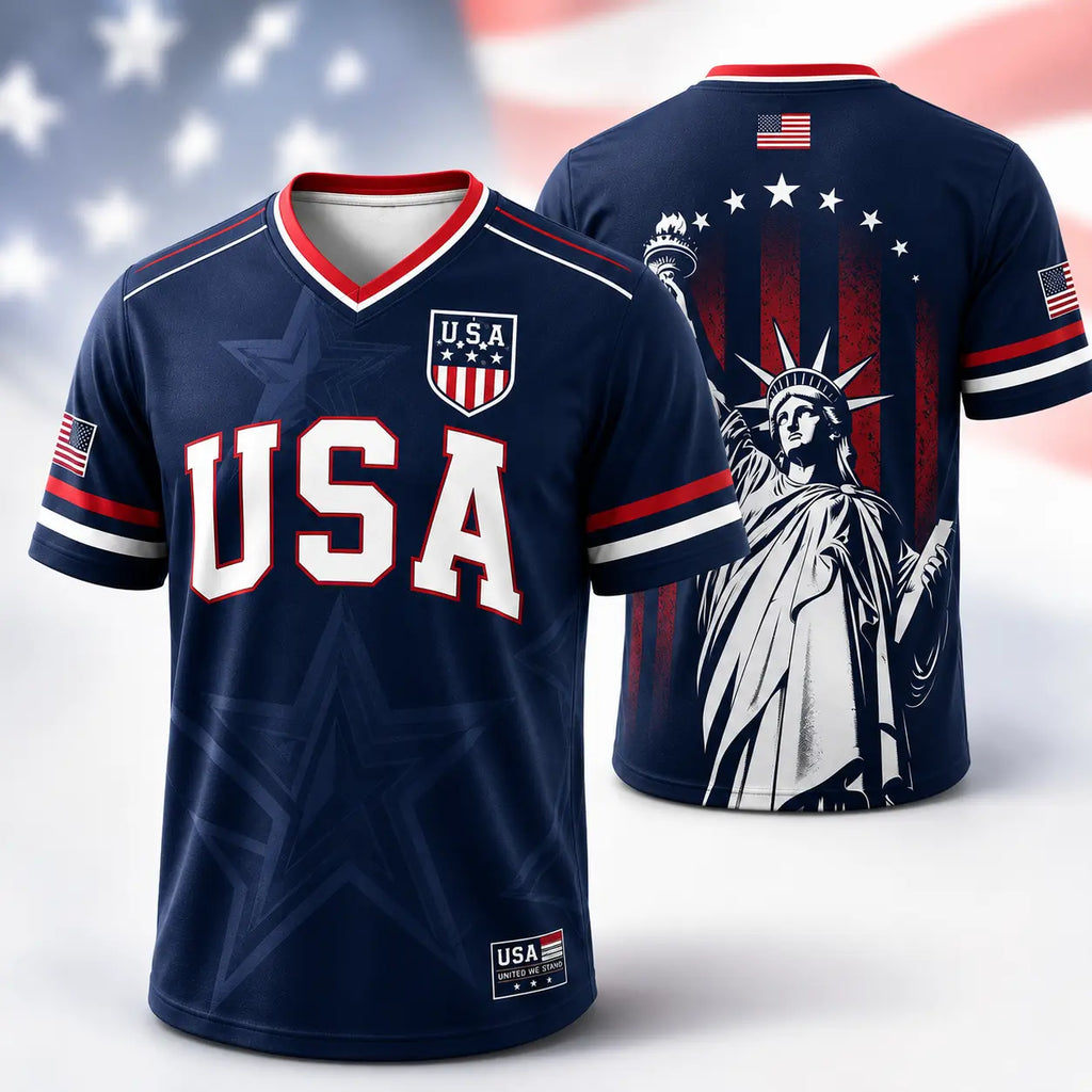 🇺🇸 USA Liberty Soccer Jersey – Patriotic American Flag V-Neck Football Shirt | Red White Blue Statue of Liberty Fan Jersey for Men & Women