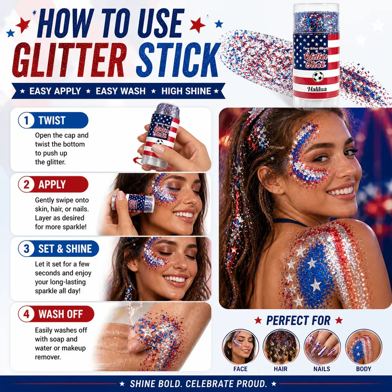3-in-1 Patriotic Glow😍✨Red, White & Blue Glitter Body Stick