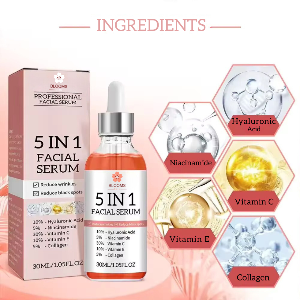5-in-1 facial serum with packaging and ingredient illustrations on a pink background