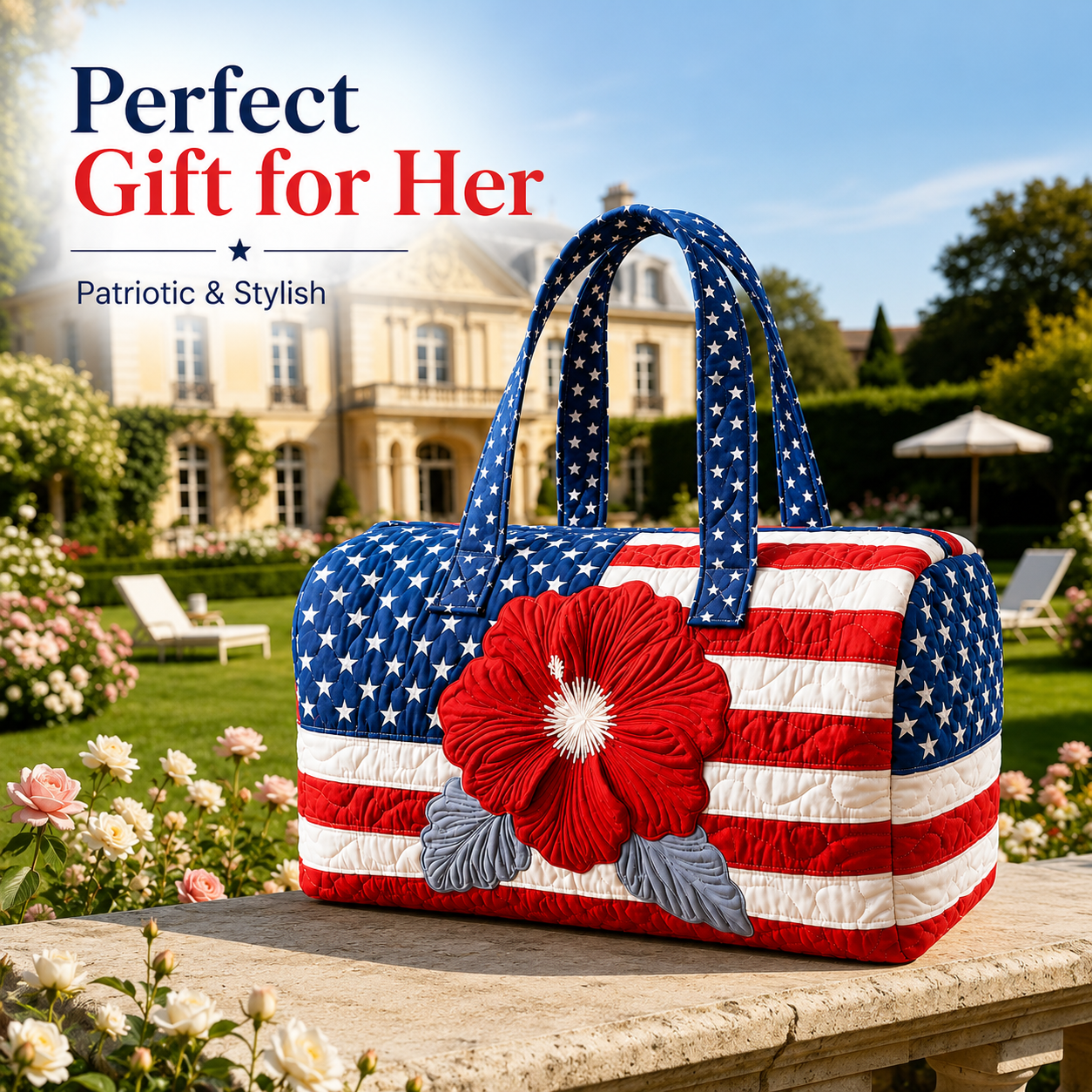Patriotic Quilted Tote Bag | 3D Floral American Flag Travel Duffel