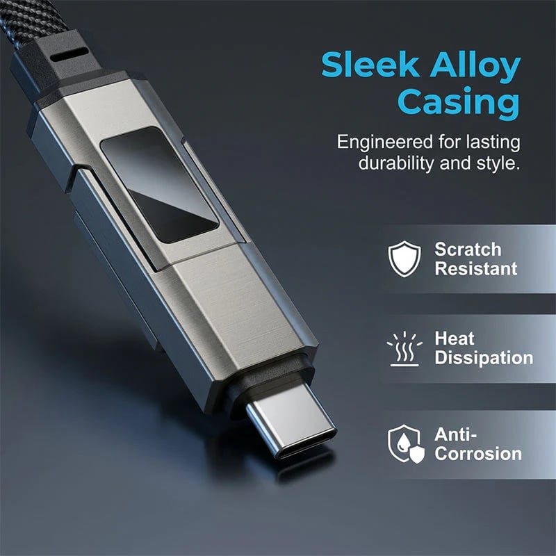 🔌 4-in-1 Charging Cable with Digital Display & Keychain – Fast-Charging, Kink-Resistant & Compact