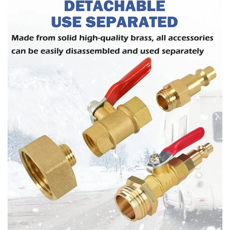 ❄️ Lead-Free Brass RV Winterizing Blowout Adapter Kit with Shut Off Ball Valve