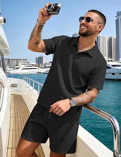 Men's 2 Pieces Outfits Casual Polo Shirt and Shorts Set Collar Athletic Jogging Summer Tracksuit