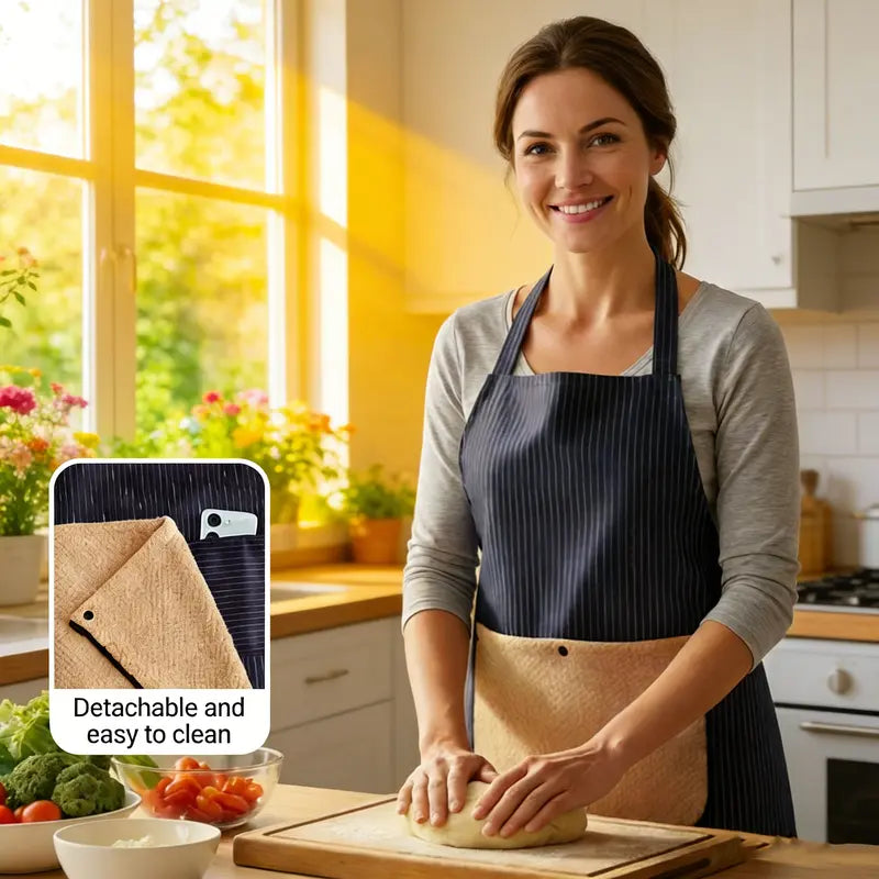 Waterproof Kitchen Apron – Detachable Snap Towel, Dual Pockets & 3-Layer Spill Protection