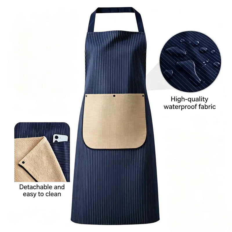 Waterproof Kitchen Apron – Detachable Snap Towel, Dual Pockets & 3-Layer Spill Protection