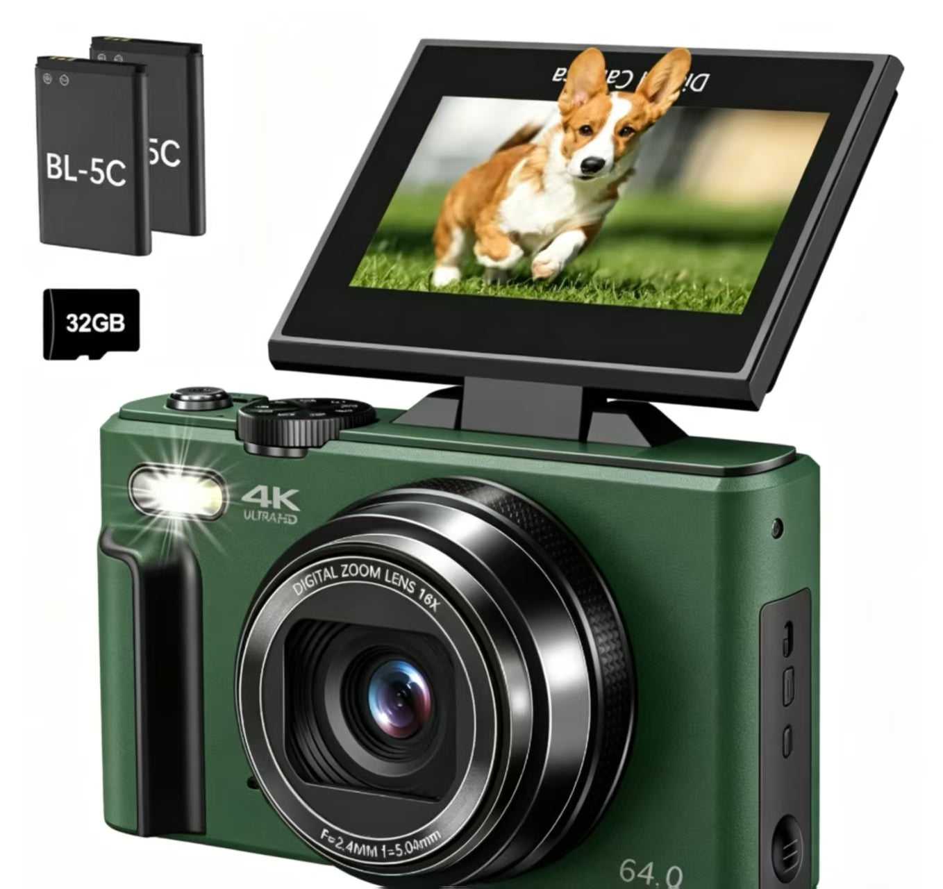 WIKICO WD08 4K Digital Camera, 64MP Vlogging Camera with 180° Flip Screen, 18X Digital Zoom, Compact Point and Shoot Camera, Portable Mini Camera for Teens, Beginners, Gift, 4 Colors Black/White/Green/Brown