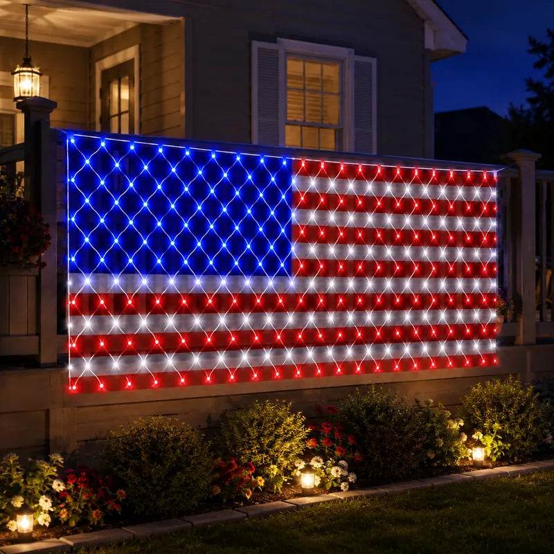 🇺🇸🎆Solar American Flag Lights Outdoor American Flag Net Lights 6.5ft x 3.28ft Super Bright