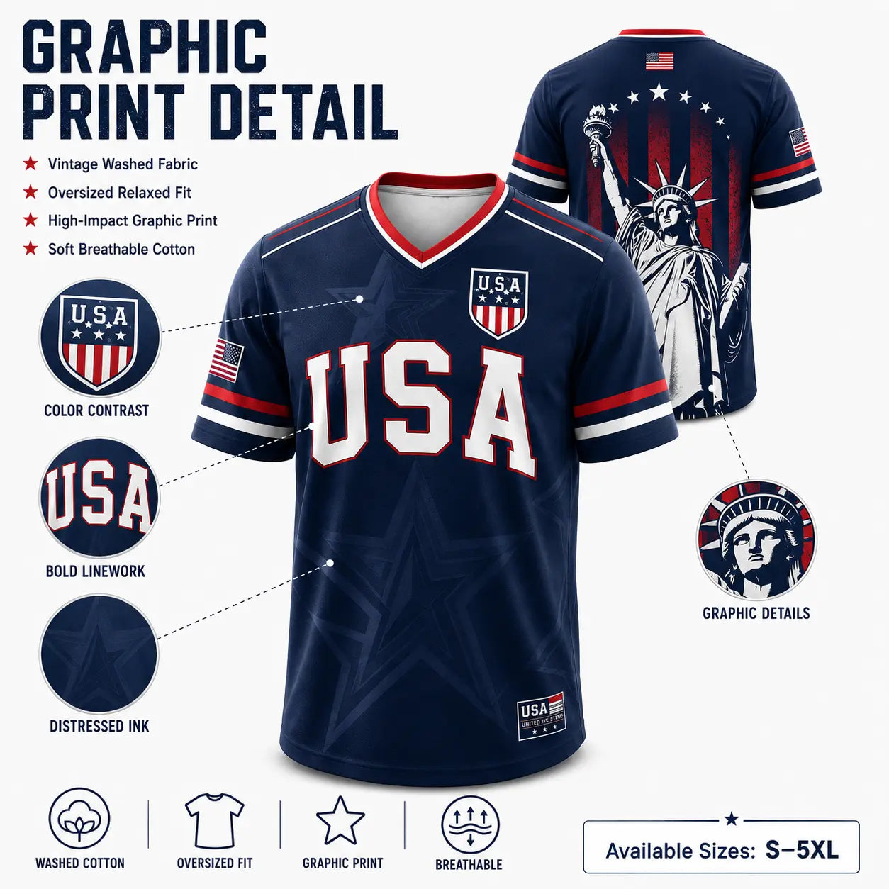 🇺🇸 USA Liberty Soccer Jersey – Patriotic American Flag V-Neck Football Shirt | Red White Blue Statue of Liberty Fan Jersey for Men & Women