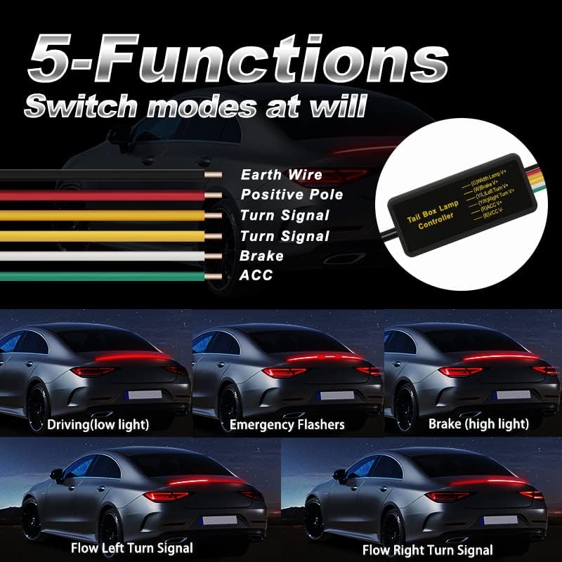 🏎️ 47Inch(1.2M) Carbon Fiber LED Spoiler Light Strip | 5-in-1 Sequential Flashing Third Brake Tail Light for Universal Cars
