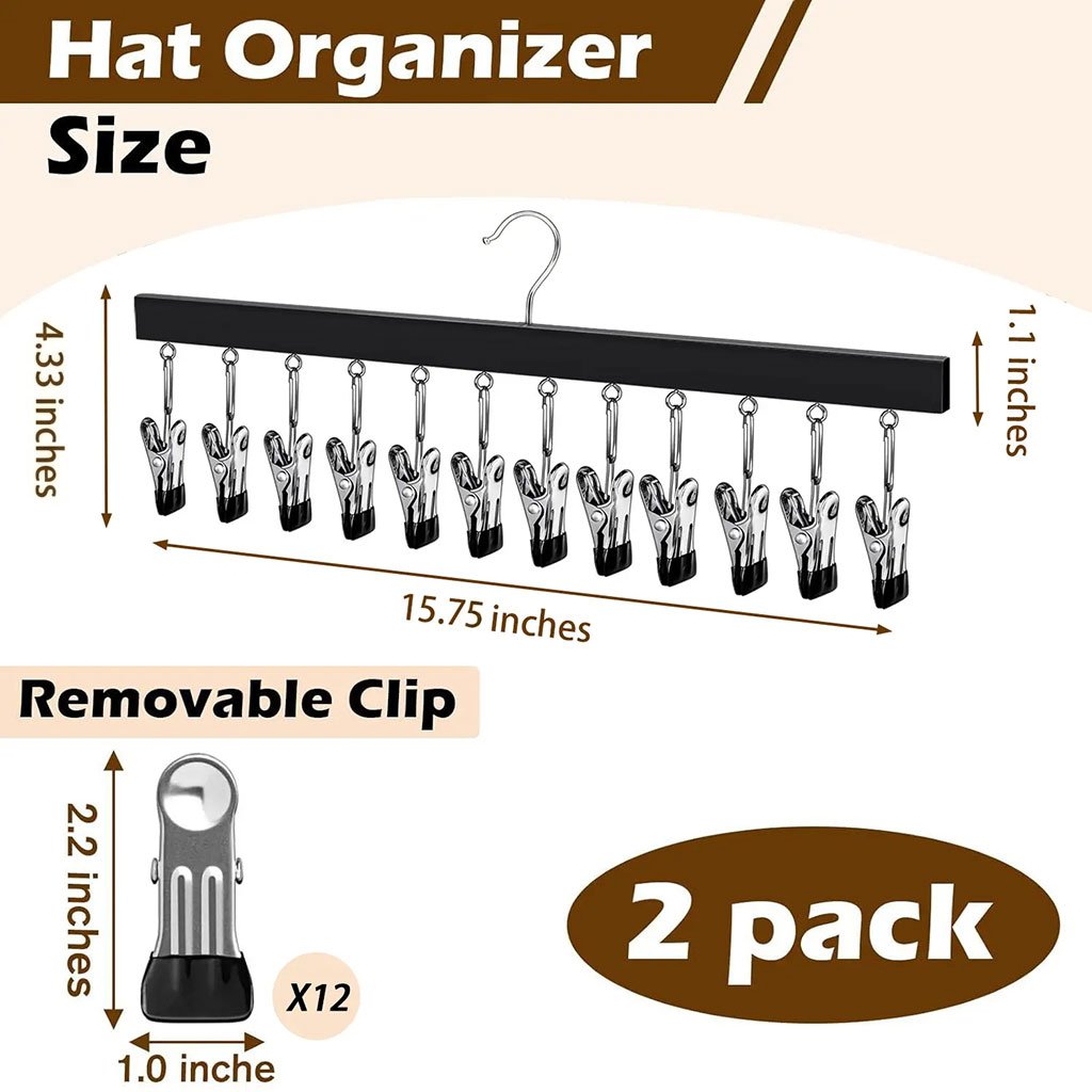 ✔️Wooden Hat Organizer with 12 Stainless Steel Clips Holds