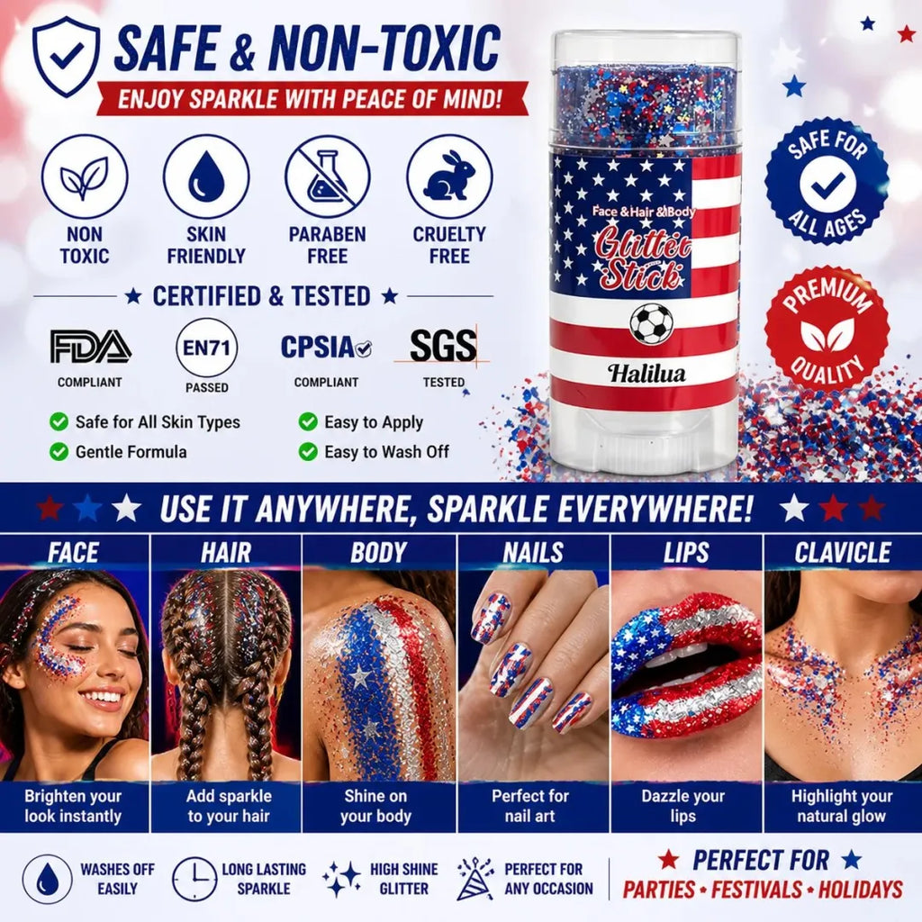 3-in-1 Patriotic Glow😍✨Red, White & Blue Glitter Body Stick
