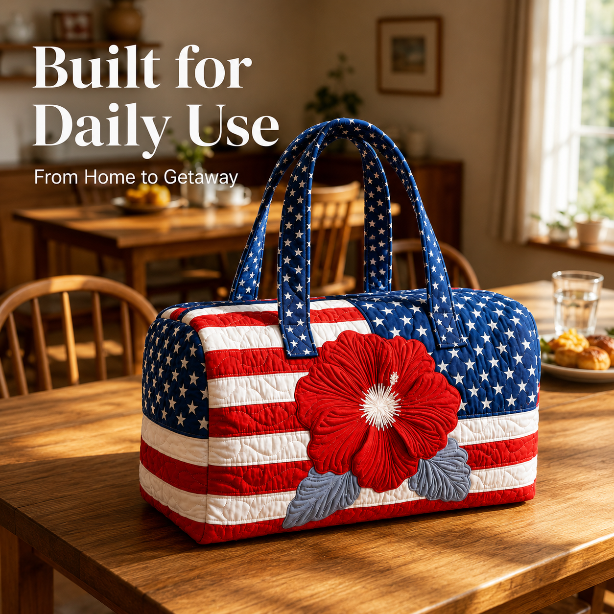 Patriotic Quilted Tote Bag | 3D Floral American Flag Travel Duffel