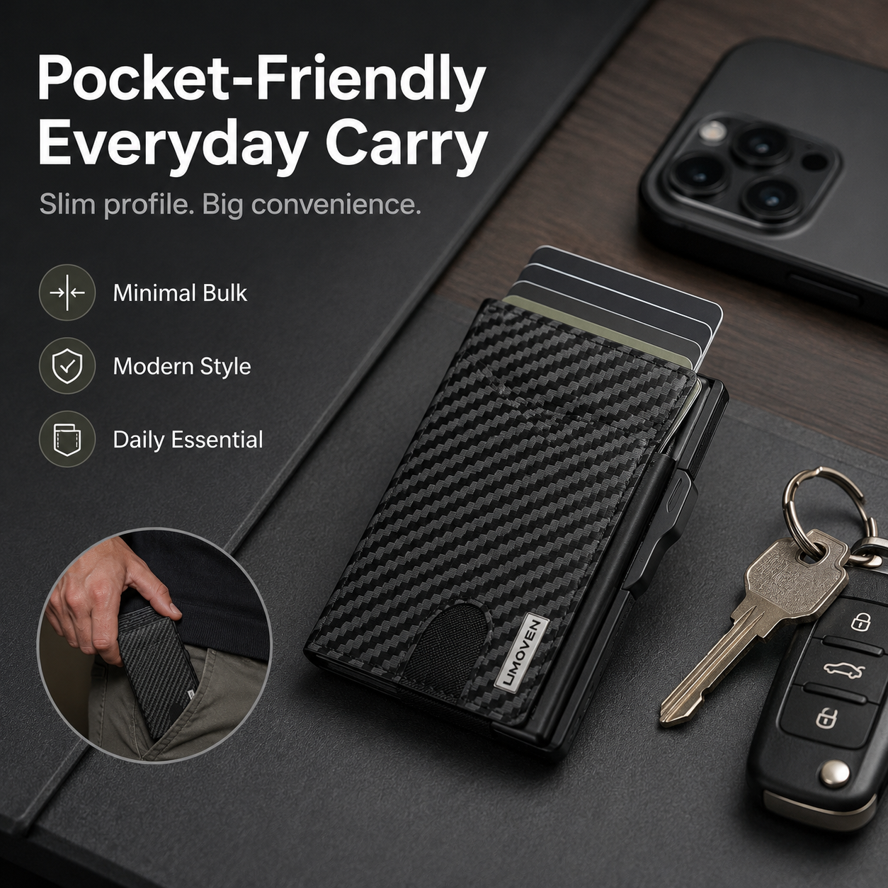 💼🔒Premium Aluminum RFID Blocking Minimalist Wallet for Men - Pop-Up Card Access, ID Window