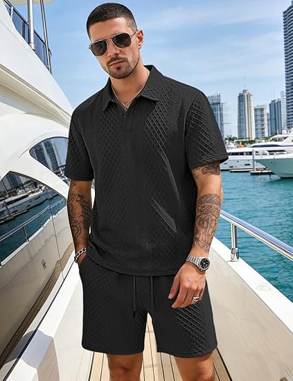 Men's 2 Pieces Outfits Casual Polo Shirt and Shorts Set Collar Athletic Jogging Summer Tracksuit