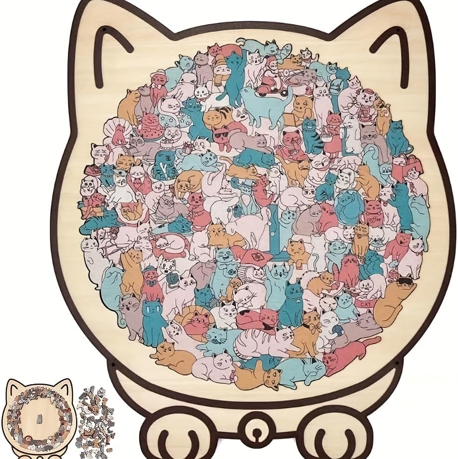 Morandi-Colored Cat Shaped Wooden Jigsaw Puzzle