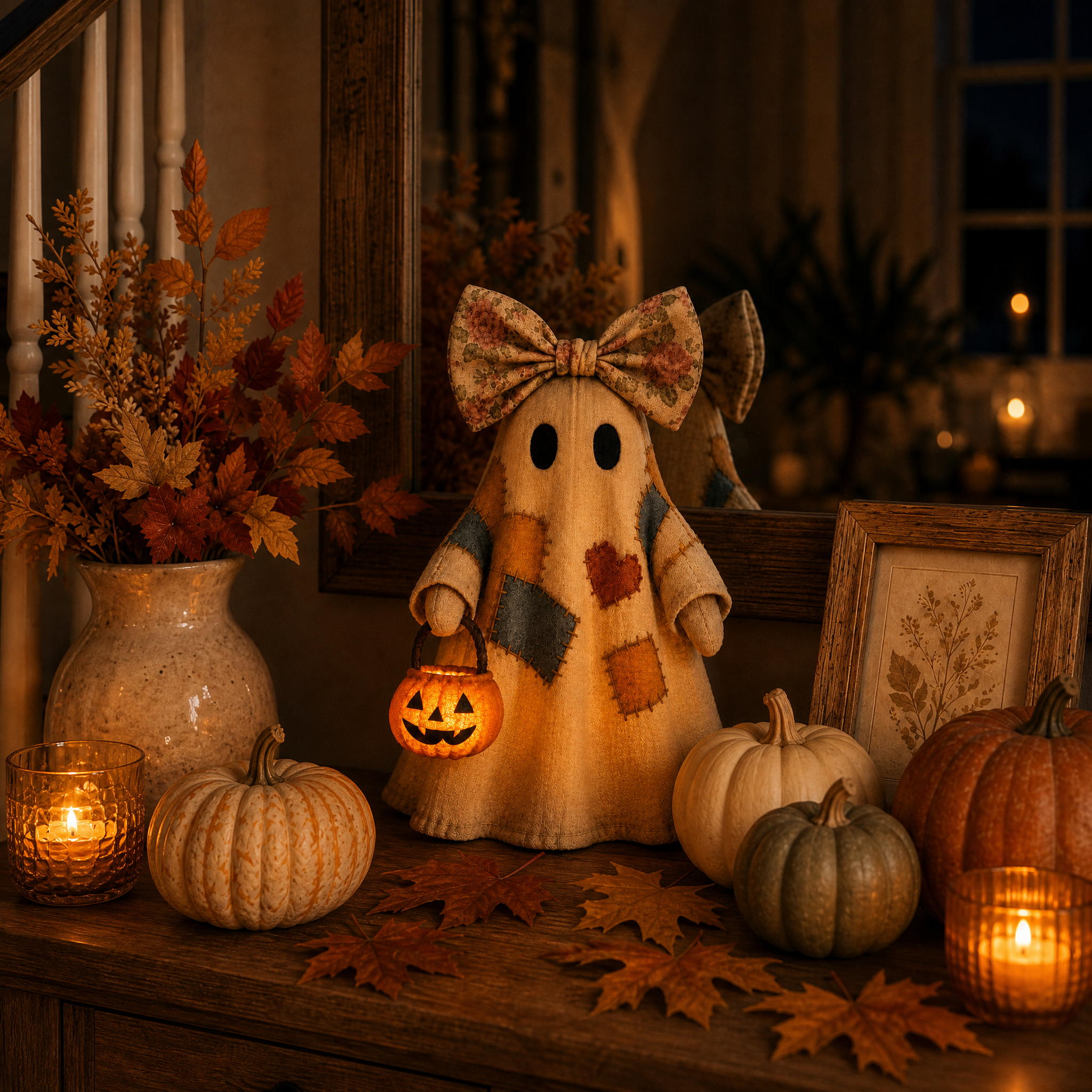 👻🎃 Vintage Patchwork Ghost Decor(✨ LED Pumpkin Lantern}