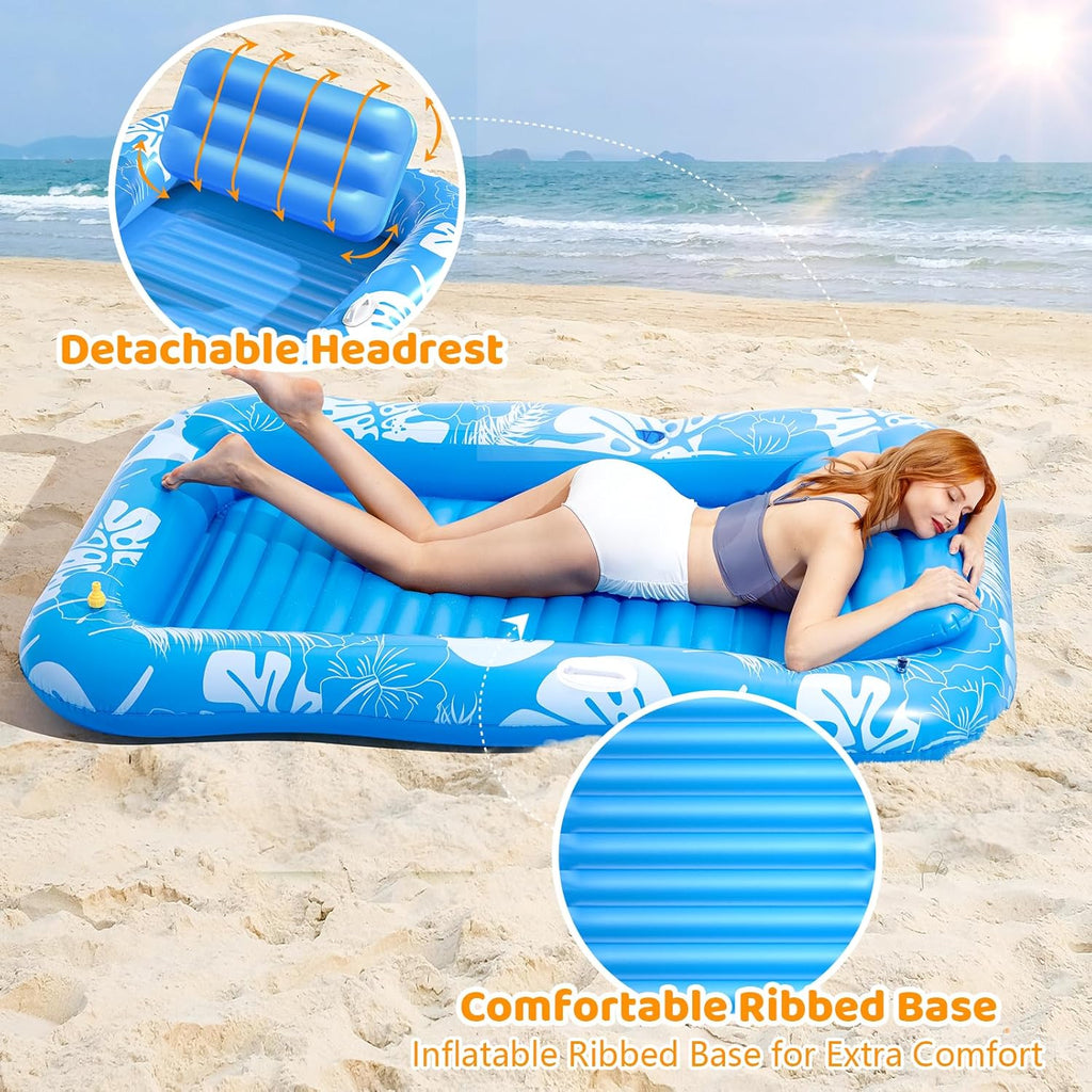 🌊 Inflatable Tanning Pool Float | 5‐in‐1 Lounger with Pillow, Cup Holder & Rope for Water/Beach ☀️
