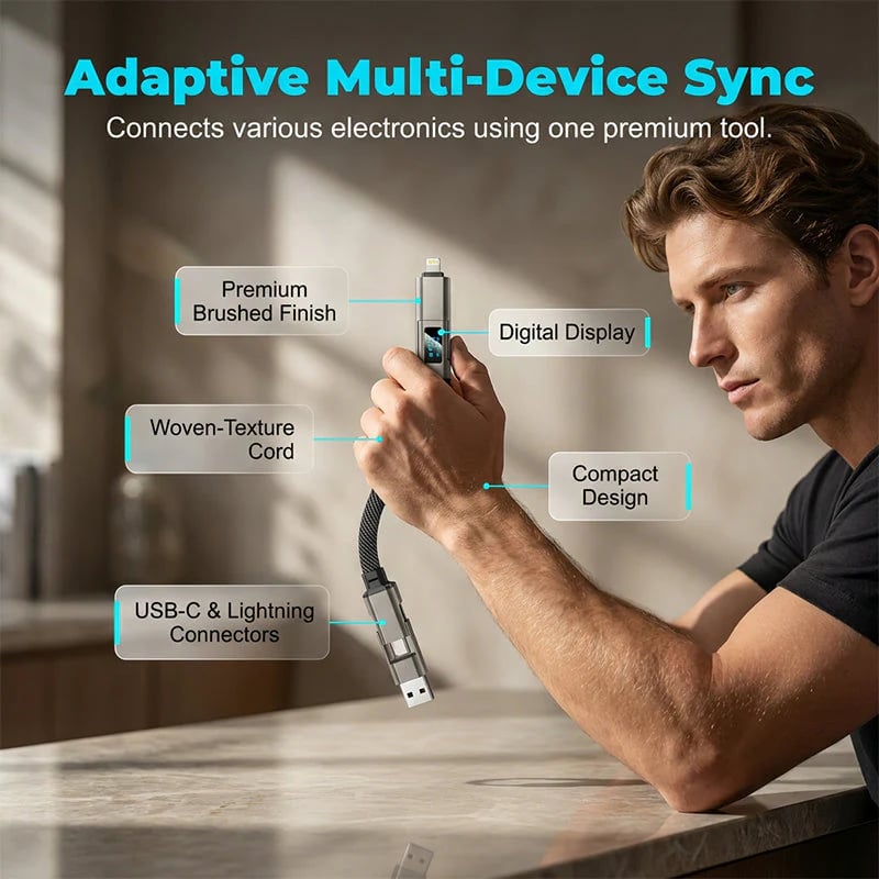 🔌 4-in-1 Charging Cable with Digital Display & Keychain – Fast-Charging, Kink-Resistant & Compact