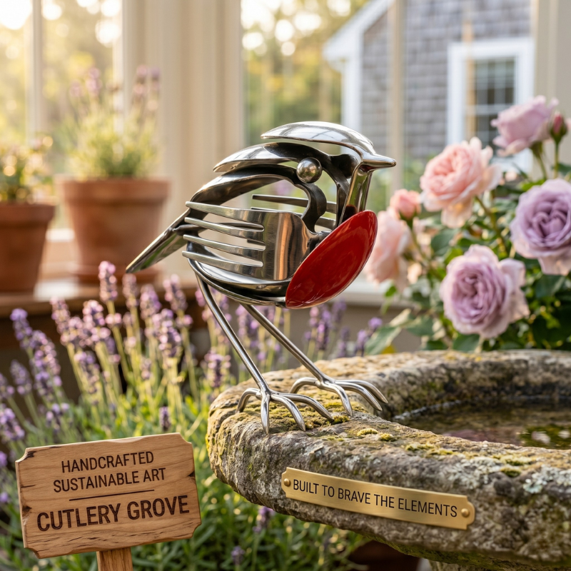 Handmade Silver Robin Garden Sculpture