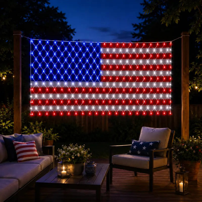 🇺🇸🎆Solar American Flag Lights Outdoor American Flag Net Lights 6.5ft x 3.28ft Super Bright