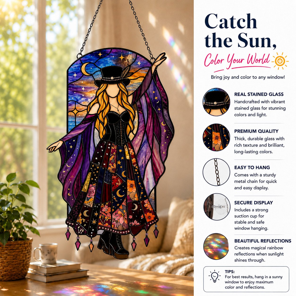 💥 LAST DAY 57% OFF - 💃 Rock Goddess Stevie 🤘 Handmade Stained Glass Spinning Suncatcher