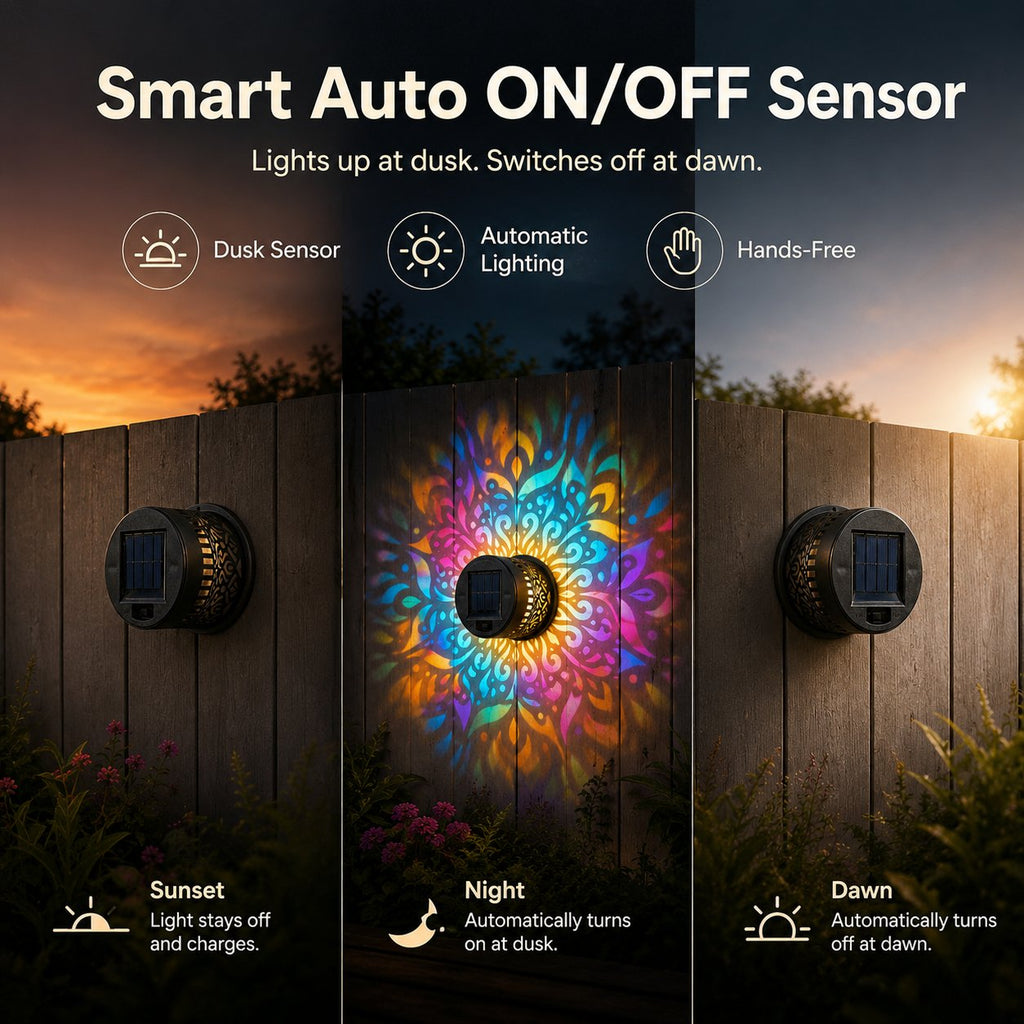 Solar Mandala Wall Light Outdoor Garden Fence Projector Lamp Patio Ambient Decor