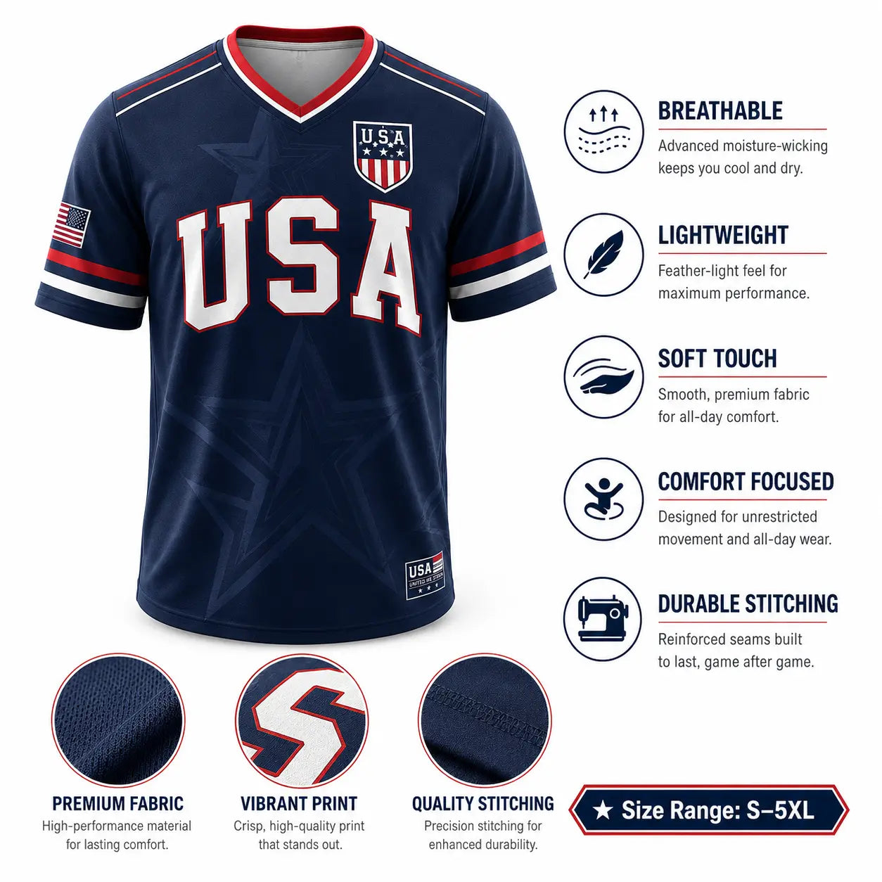 🇺🇸 USA Liberty Soccer Jersey – Patriotic American Flag V-Neck Football Shirt | Red White Blue Statue of Liberty Fan Jersey for Men & Women