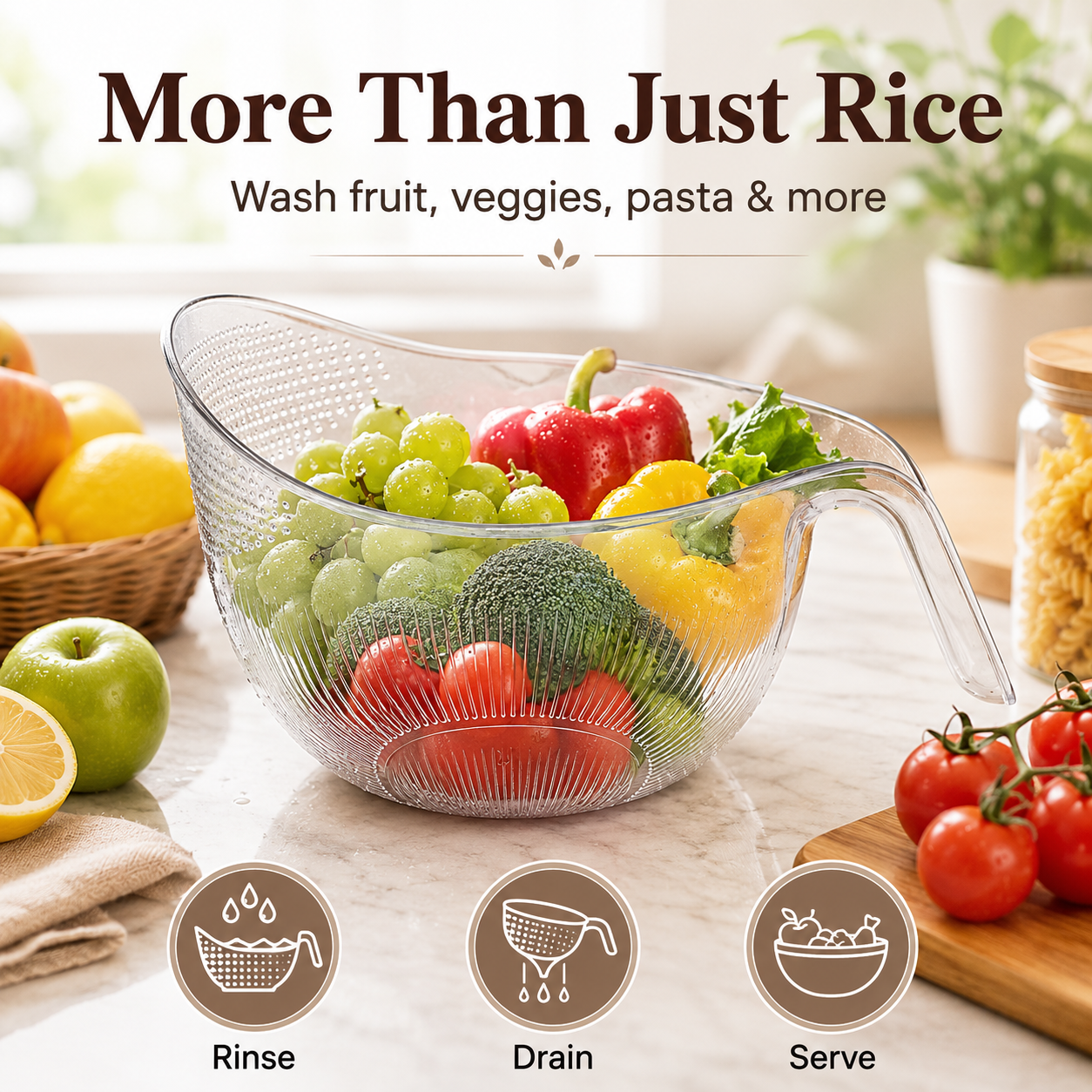 Multipurpose Rice Strainer Bowl – Easy Drain Kitchen Washing Bowl for Rice, Fruits & Vegetables