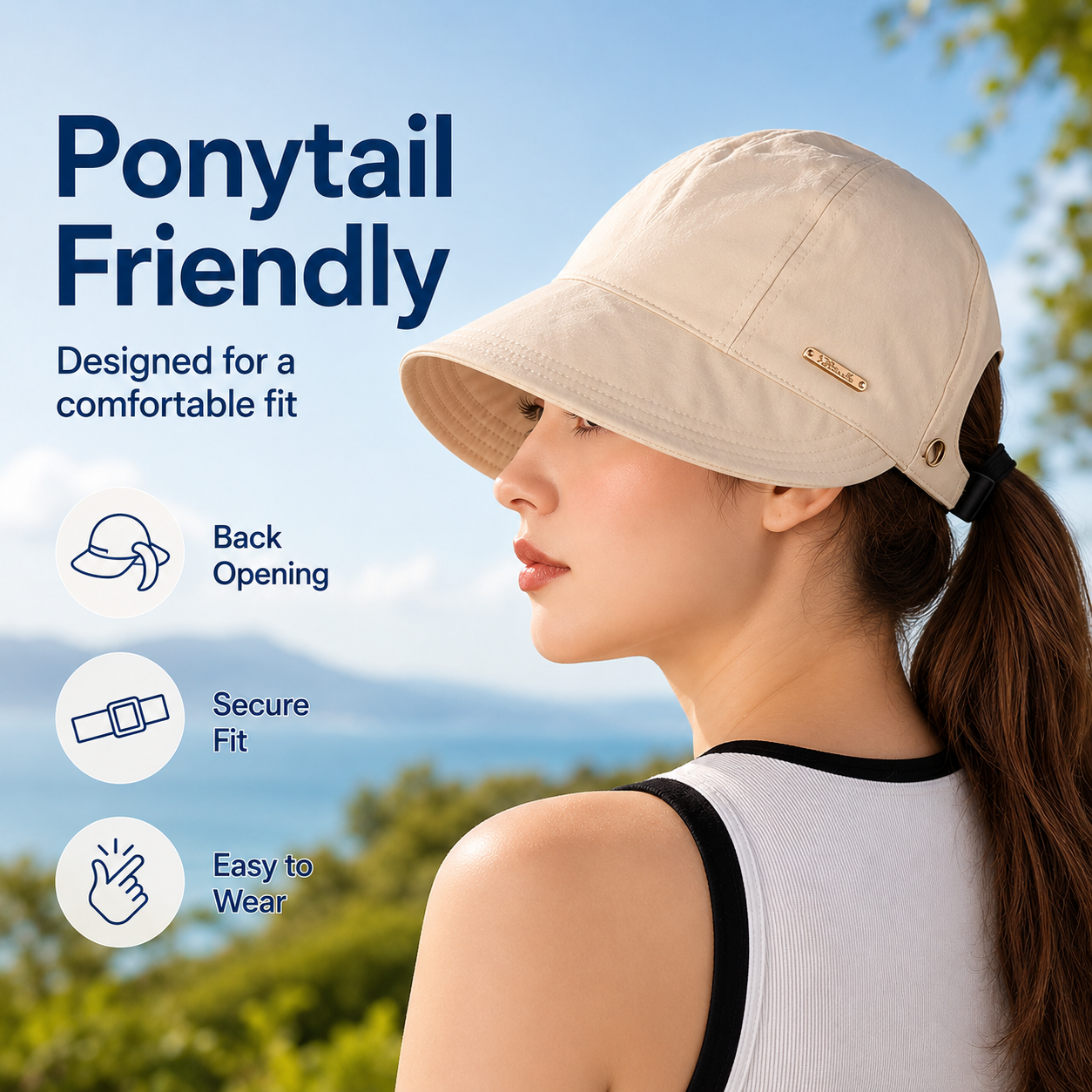 Women’s Ponytail Sun Hat – Lightweight Wide Brim Outdoor Cap for Beach, Travel & Gardening