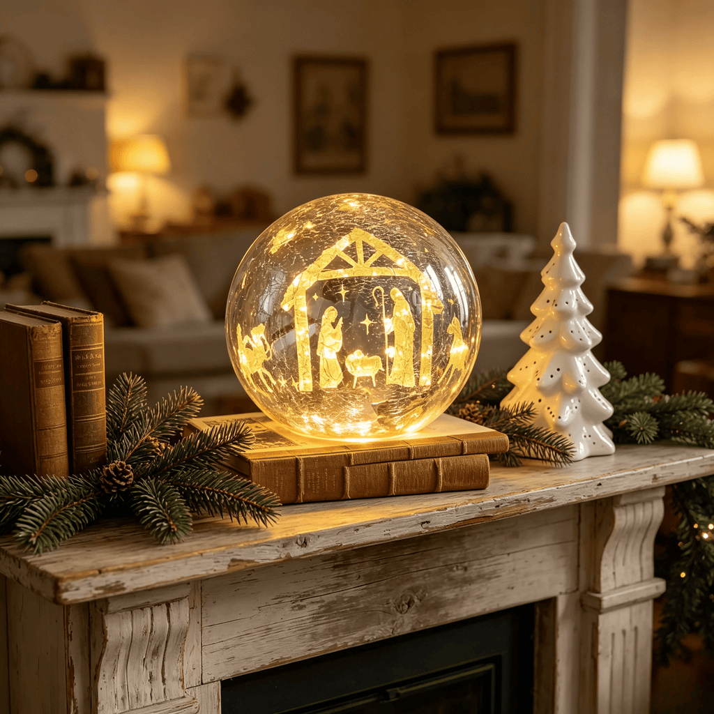 ✝️Light-up cracked glass ball with Jesus and reindeer design🫎