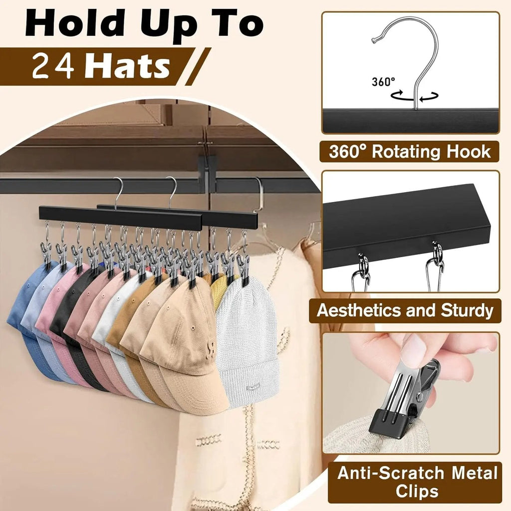 ✔️Wooden Hat Organizer with 12 Stainless Steel Clips Holds