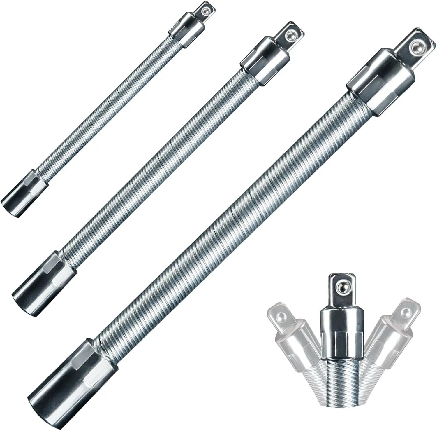 Flexible Socket Extension Bar Set – Bendable Ratchet Wrench Extensions for Tight Spaces, Carbon steel Automotive Repair Tool Kit