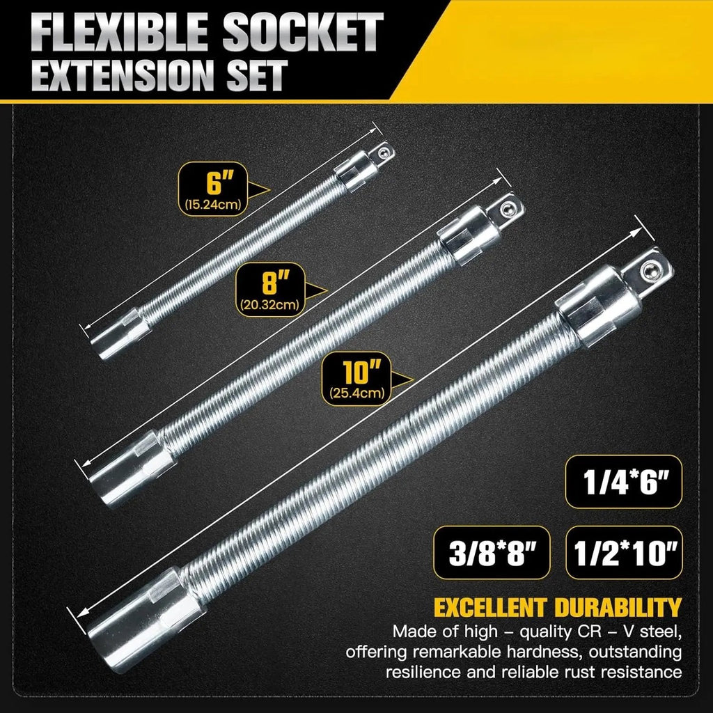 Flexible Socket Extension Bar Set – Bendable Ratchet Wrench Extensions for Tight Spaces, Carbon steel Automotive Repair Tool Kit