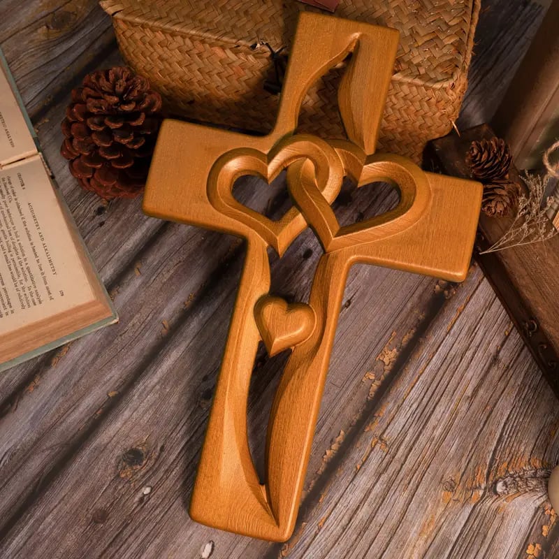🔥 Last Day 49% OFF – Intertwined Hearts Hand-Carved Wooden Cross ❤️ Perfect Wedding & Anniversary Gift ✝️💞