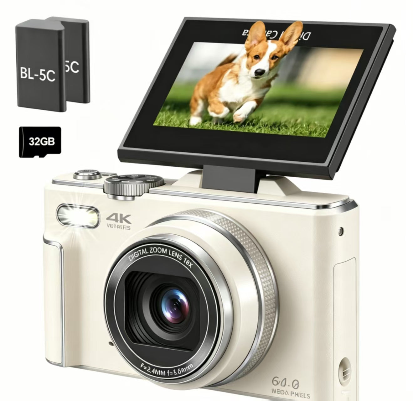 WIKICO WD08 4K Digital Camera, 64MP Vlogging Camera with 180° Flip Screen, 18X Digital Zoom, Compact Point and Shoot Camera, Portable Mini Camera for Teens, Beginners, Gift, 4 Colors Black/White/Green/Brown